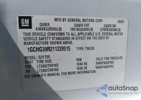 2001 Chevrolet Express из США, поврежденный, VIN 1GCHG39R211228515